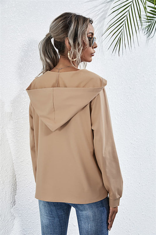Buttoned Raglan Sleeve Hooded Blouse - ClassiQ