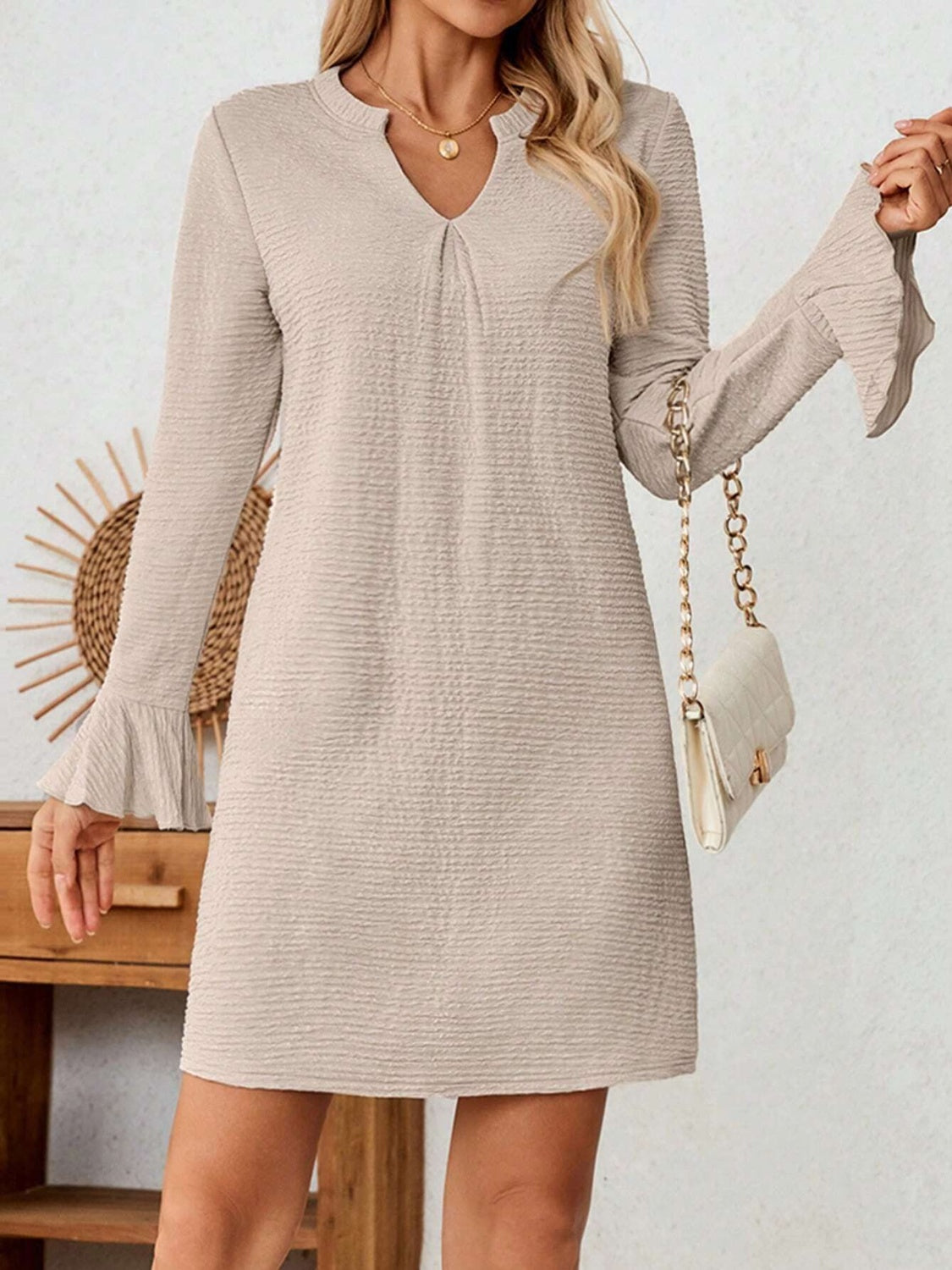 Notched Flare Sleeve Mini Dress - Classique Collection