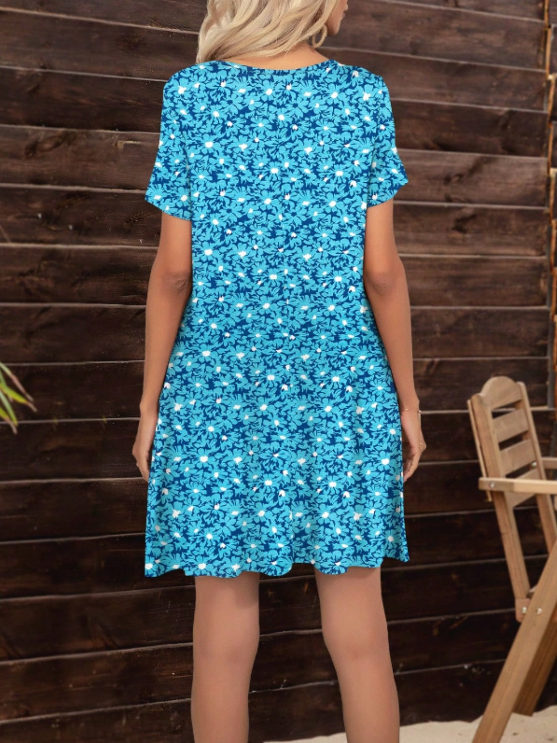 Pocketed Printed Round Neck Short Sleeve Mini Dress - Classique Collection