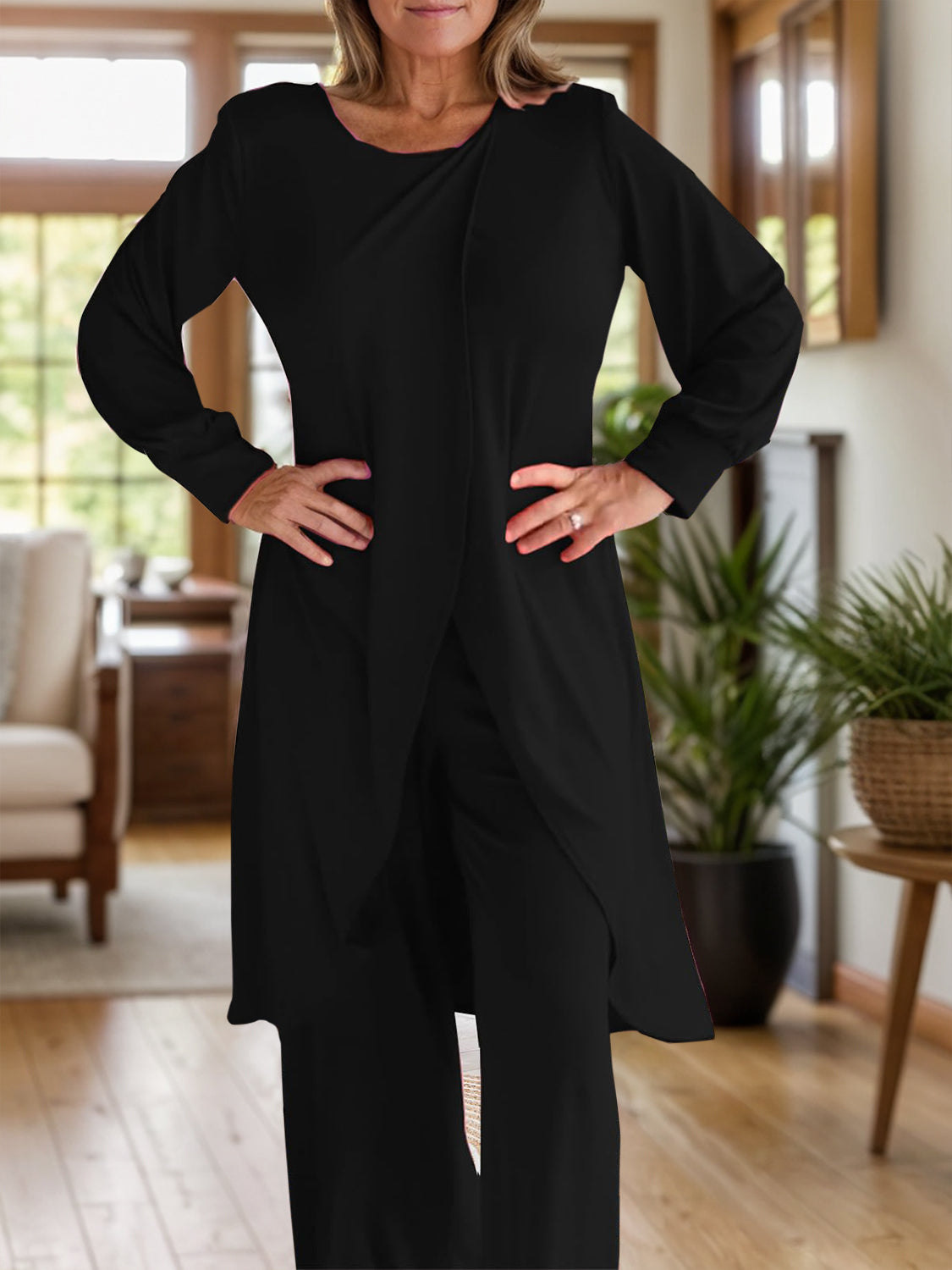 Full Size Slit Round Neck Long Sleeve Top and Pants Set - ClassiQ