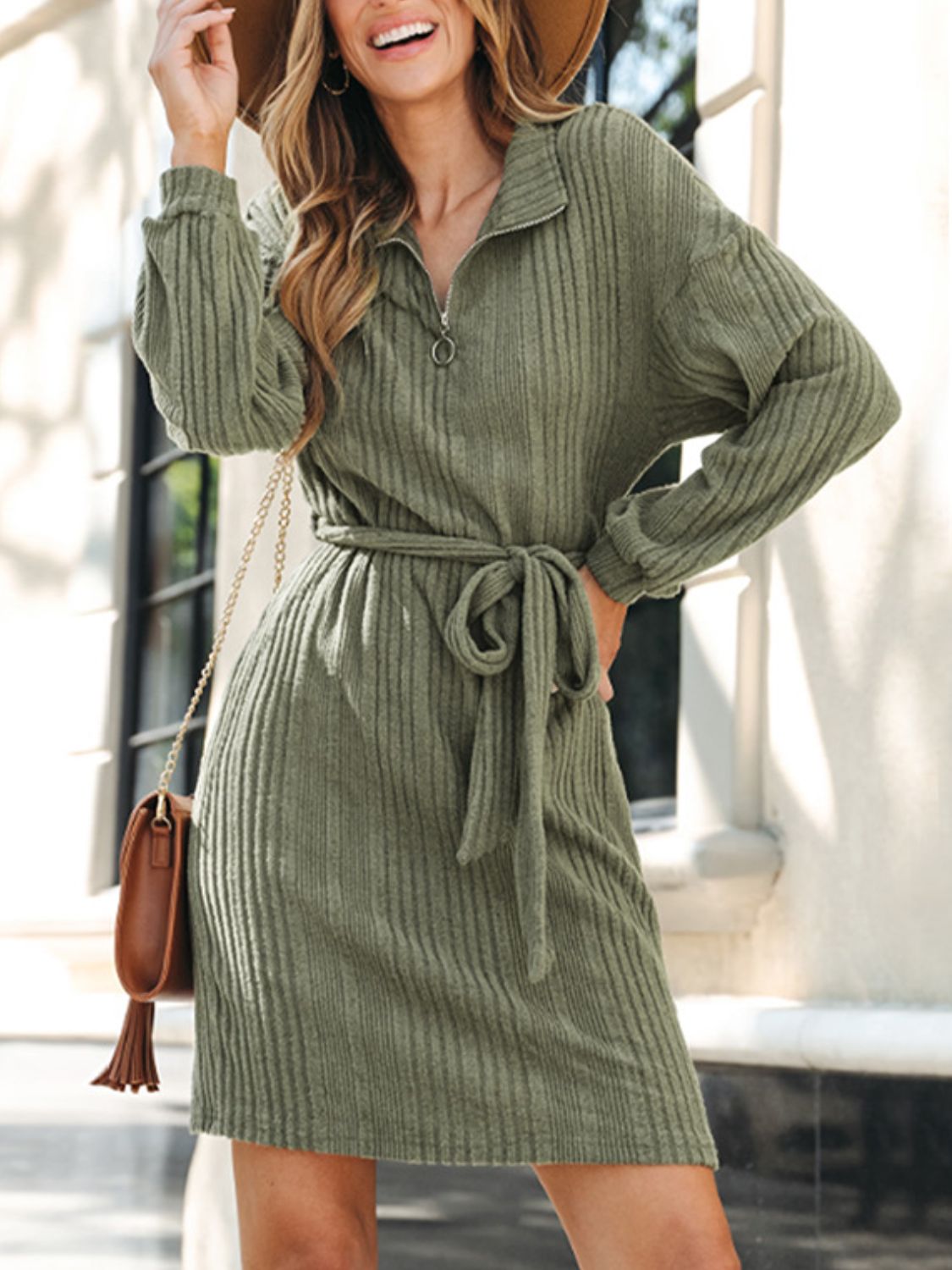 Perfee Tied Quarter Zip Long Sleeve Dress - Classique Collection