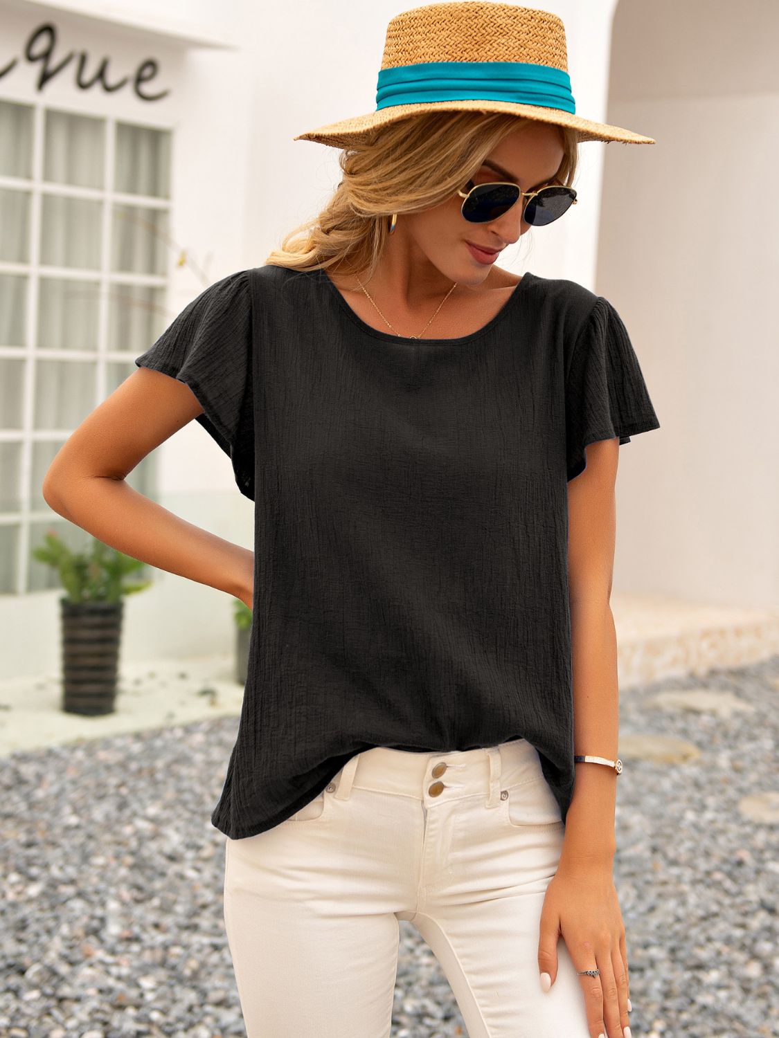 Ivy Lane Round Neck Cutout Tie Back Top - Classique Collection