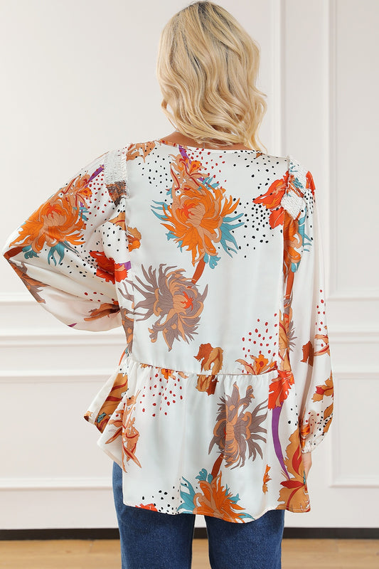 Printed V-Neck Smocked Balloon Sleeve Blouse - Classique Collection