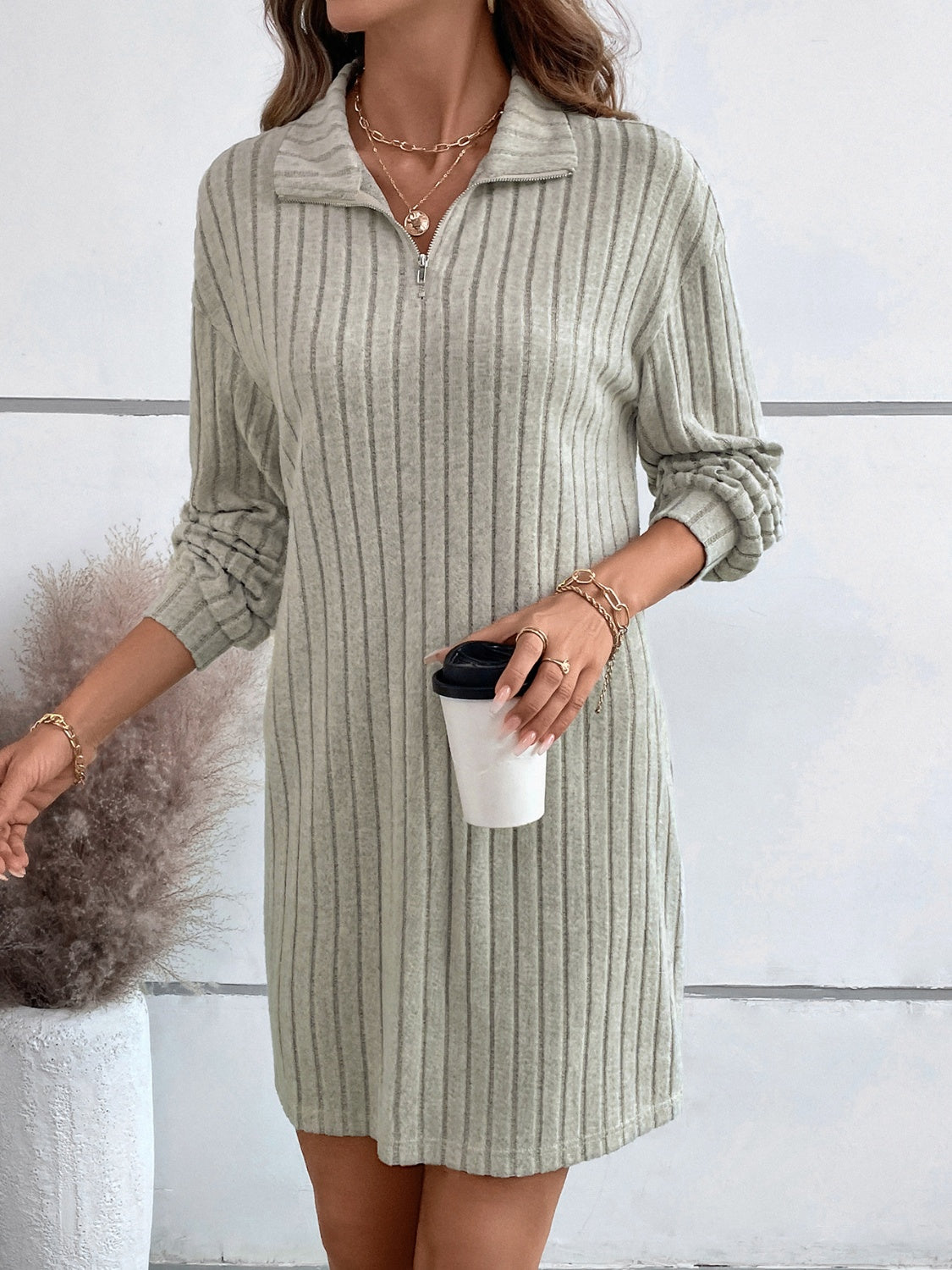 Ribbed Collared Neck Long Sleeve Dress - Classique Collection