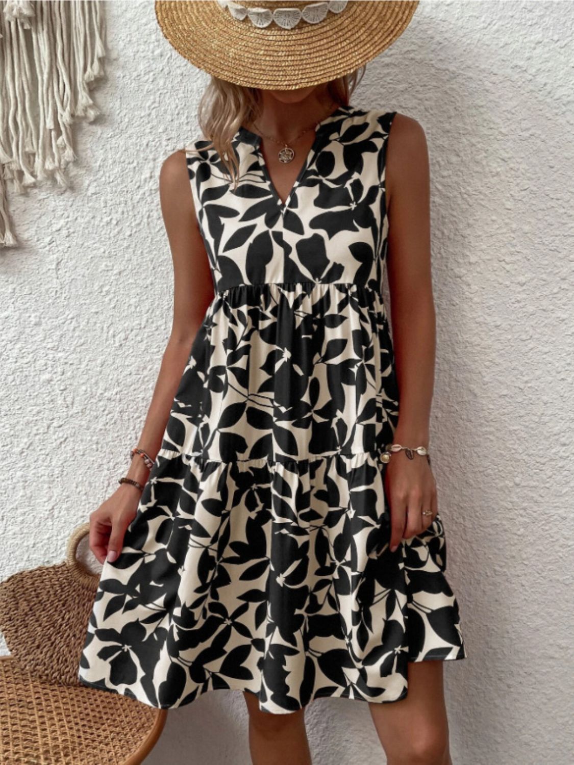 Printed Notched Sleeveless Mini Dress - Classique Collection