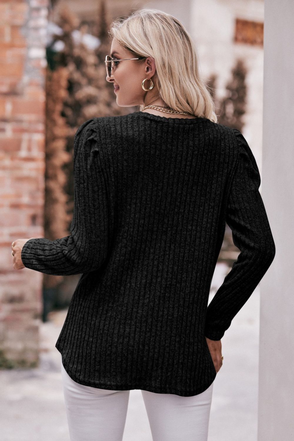 Mandy Round Neck Puff Sleeve Ribbed Top - Classique Collection