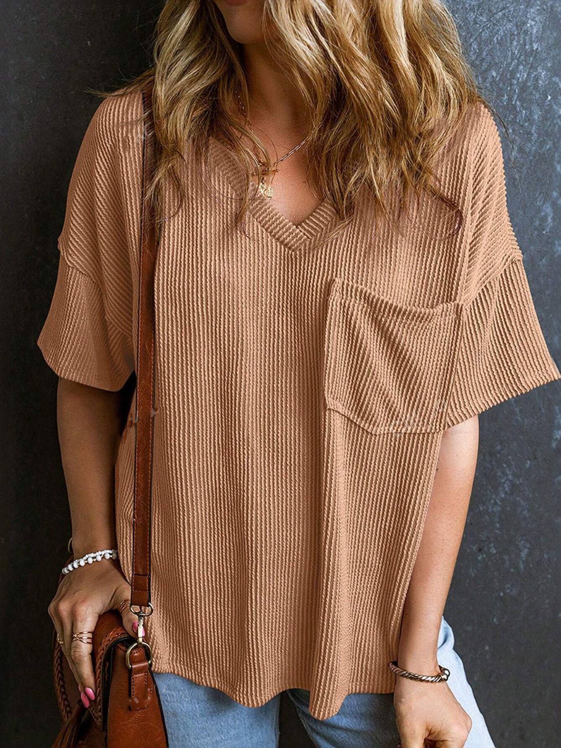Textured V-Neck Half Sleeve T-Shirt - Classique Collection
