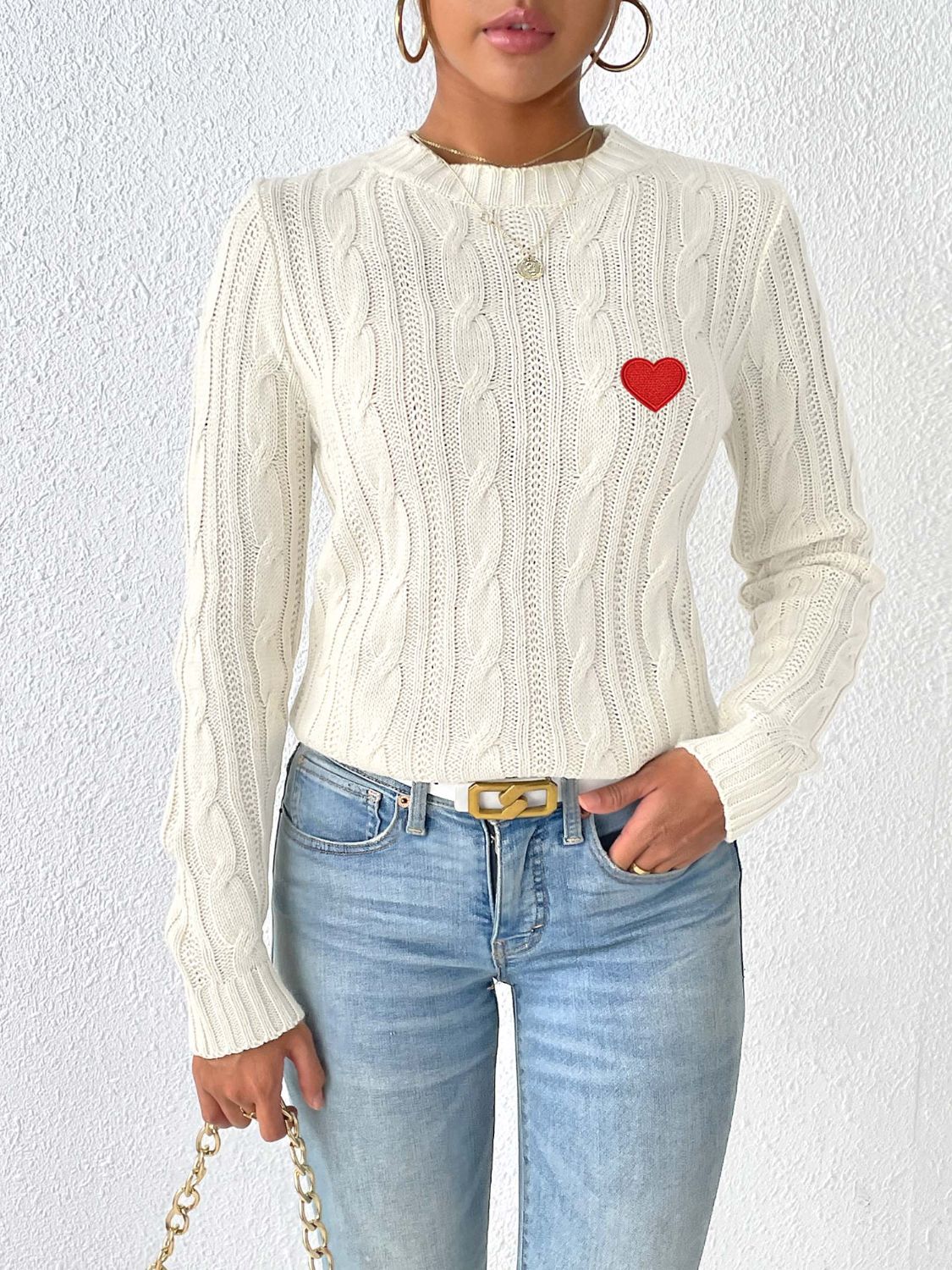 Cable-Knit Heart Round Neck Long Sleeve Sweater - ClassiQ