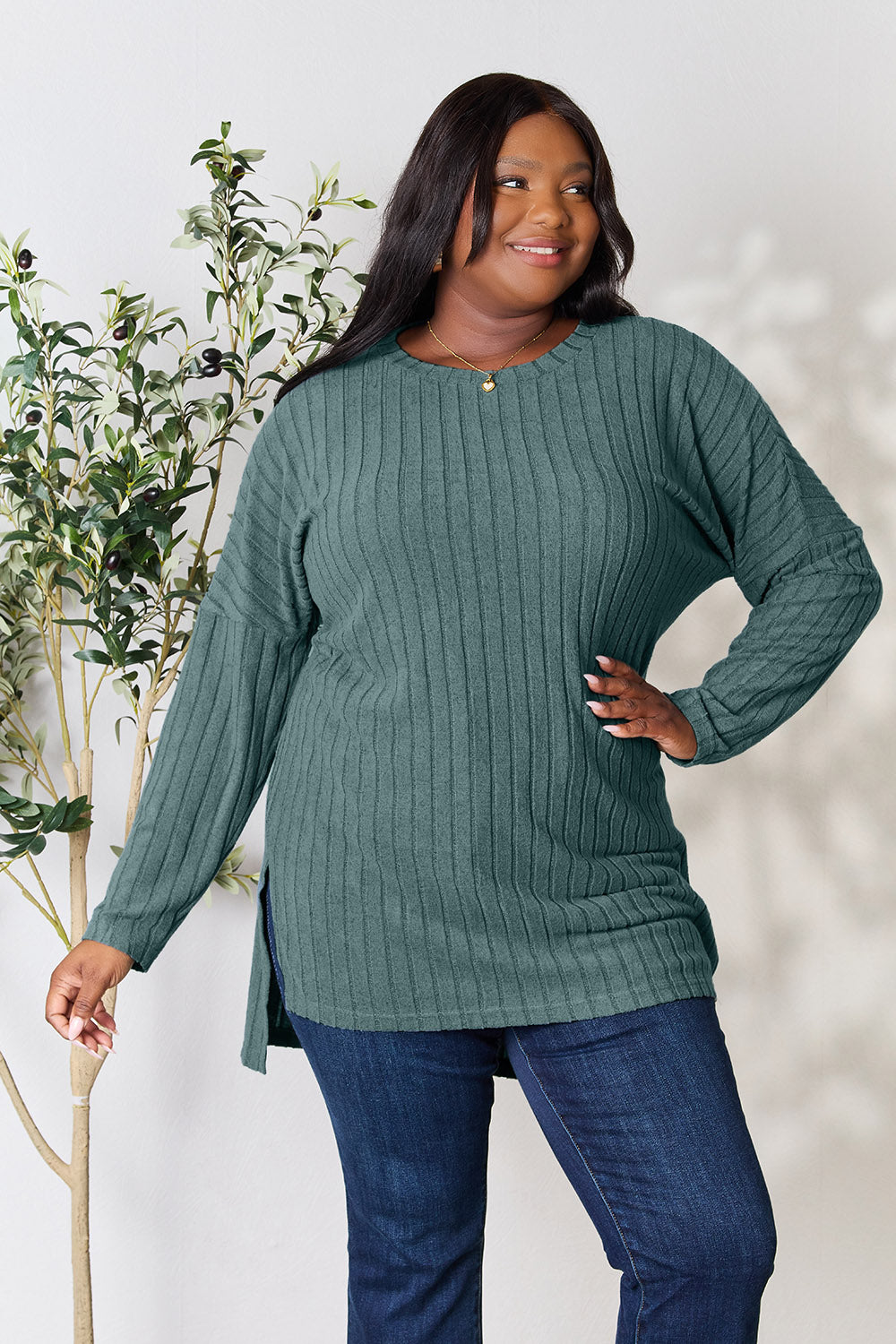 Basic Bae Full Size Ribbed Round Neck Long Sleeve Slit Top - Classique Collection