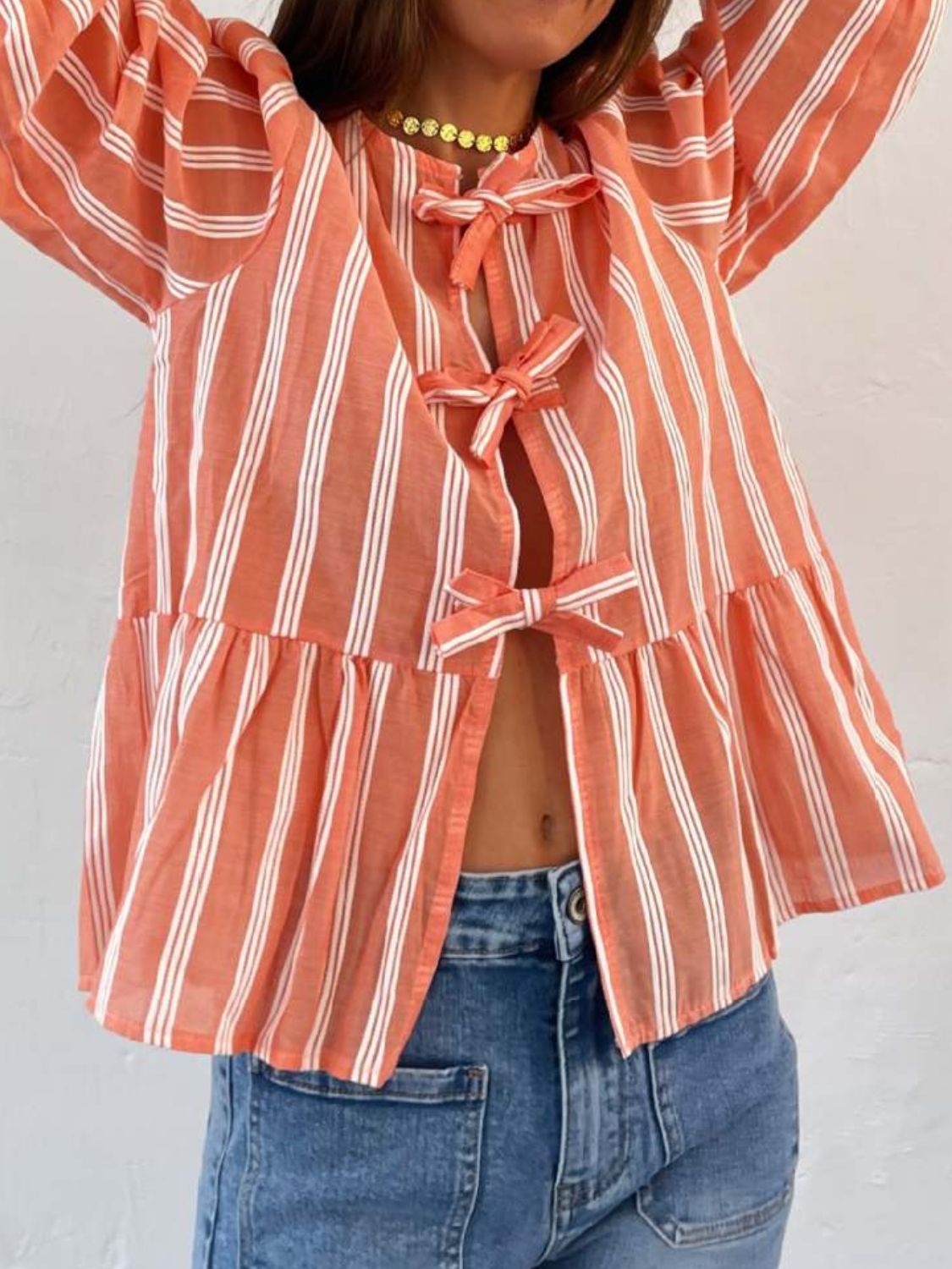 Tied Round Neck Balloon Sleeve Shirt - Classique Collection