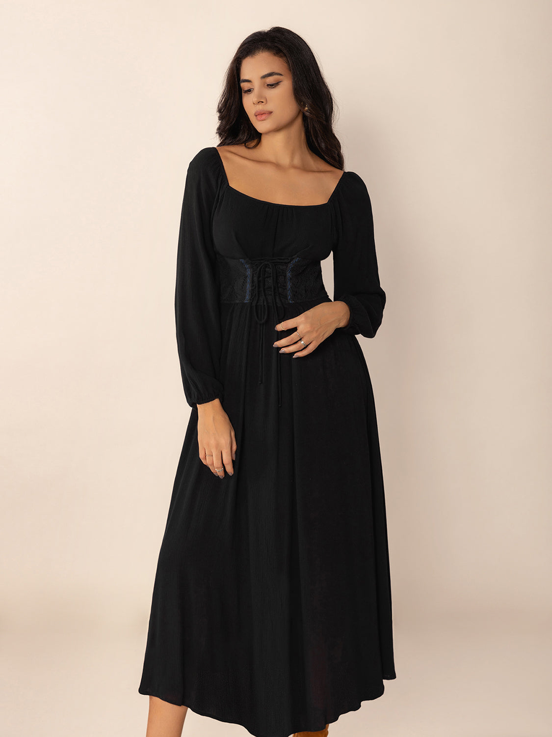 Lace-Up Square Neck Long Sleeve Midi Dress - Classique Collection