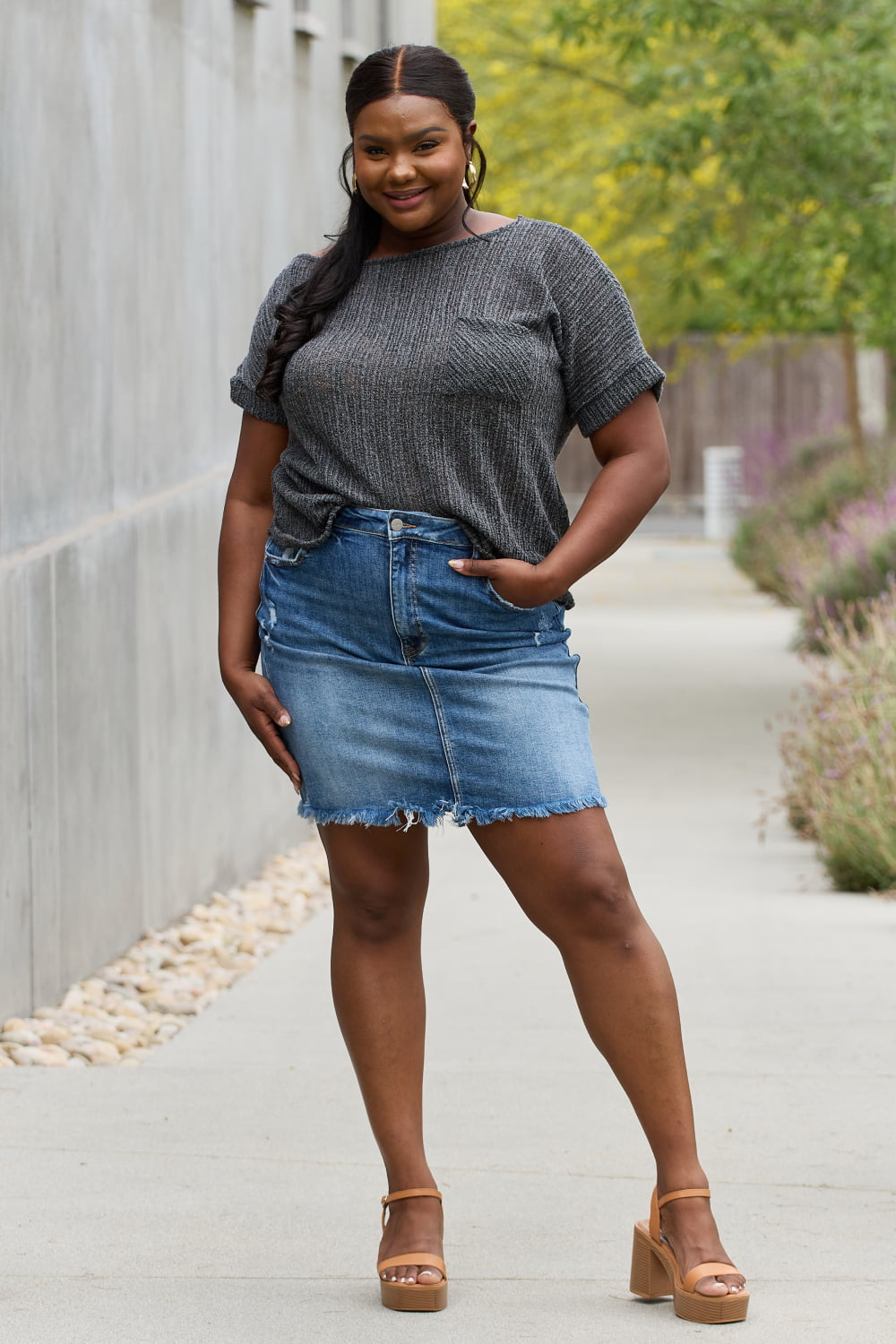 e.Luna Full Size Chunky Knit Short Sleeve Top in Gray - Classique Collection