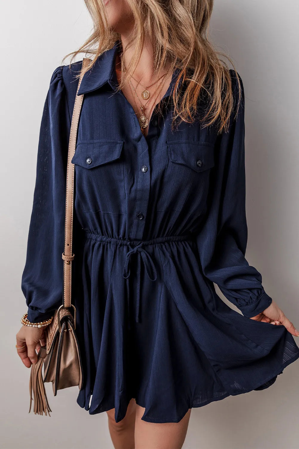 Drawstring Half Button Long Sleeve Dress - Classique Collection