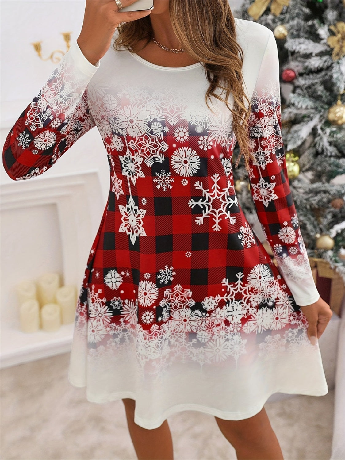 Snowflakes Plaid Round Neck Long Sleeve Dress - Classique Collection
