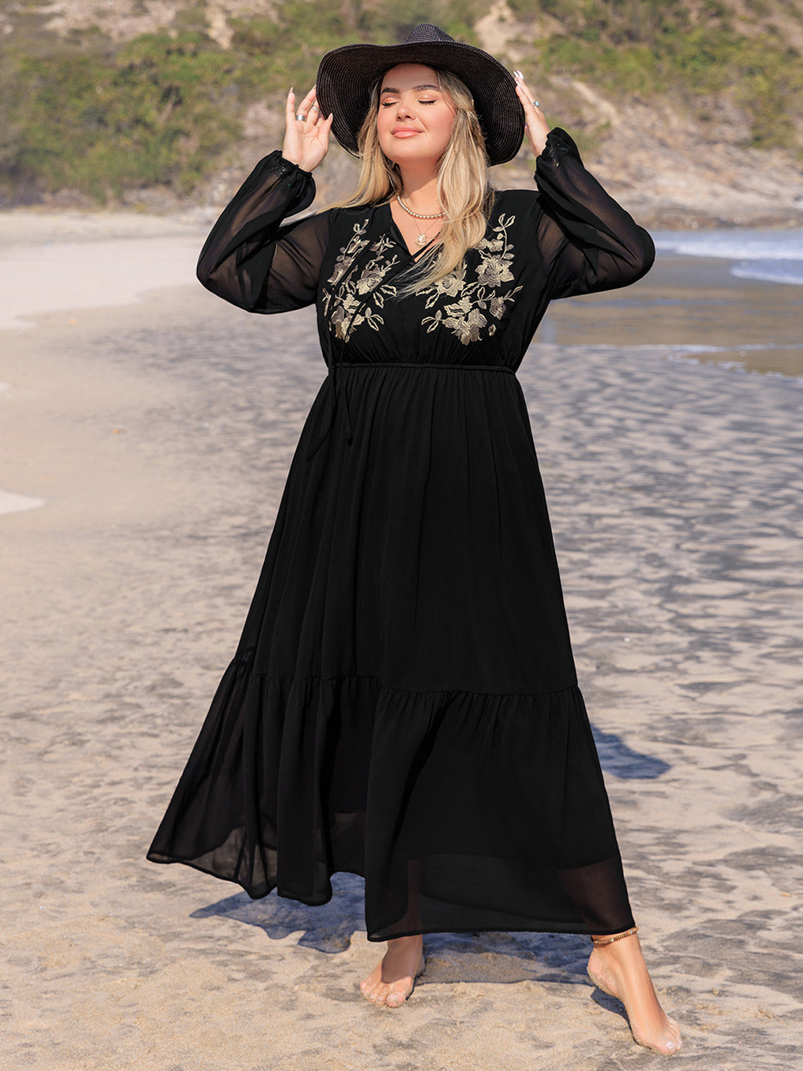 Plus Size Embroidered Tie Neck Long Sleeve Dress - Classique Collection