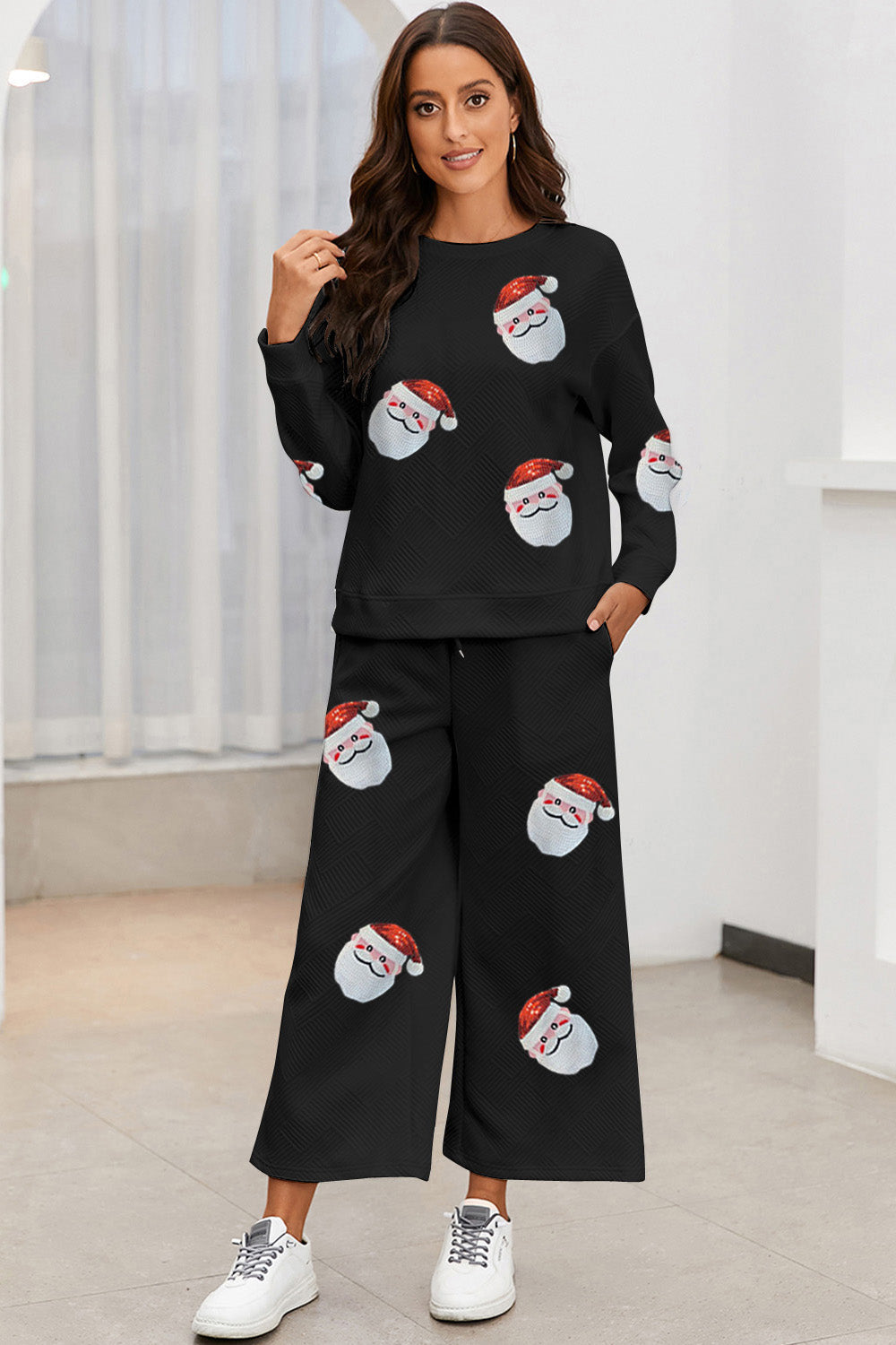 Santa Sequin Round Neck Top and Pants Set - ClassiQ