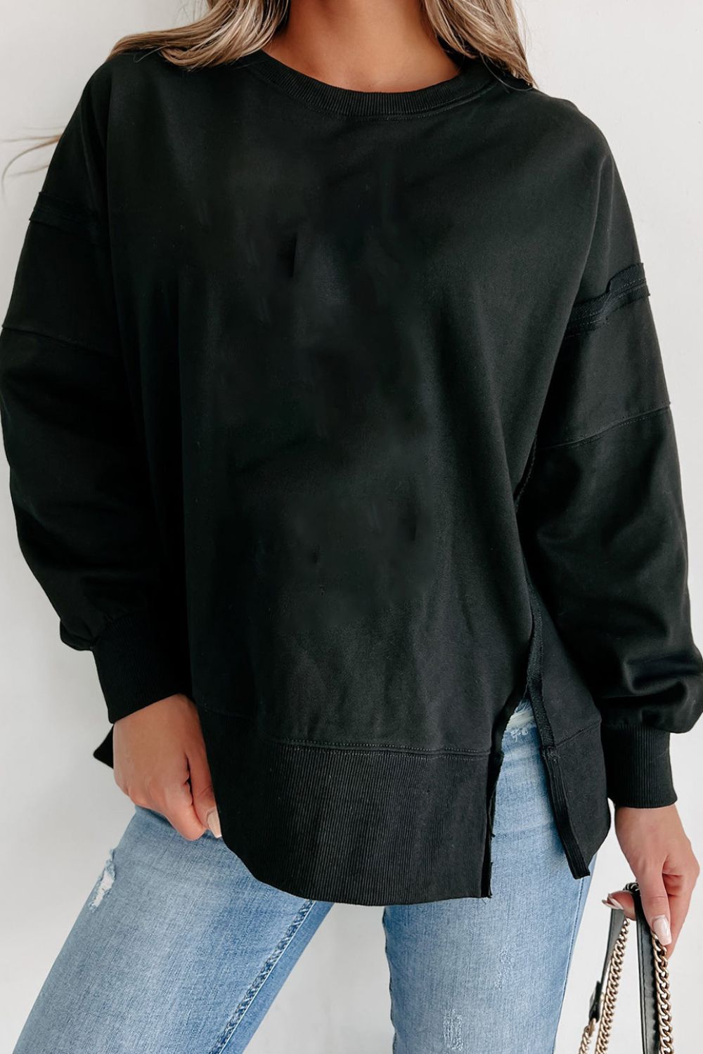 Side Slit Round Neck Long Sleeve Sweatshirt - Classique Collection