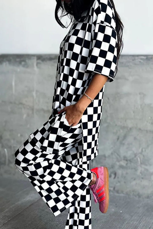 Checkered Round Neck Half Sleeve Top and Pants Set - ClassiQ