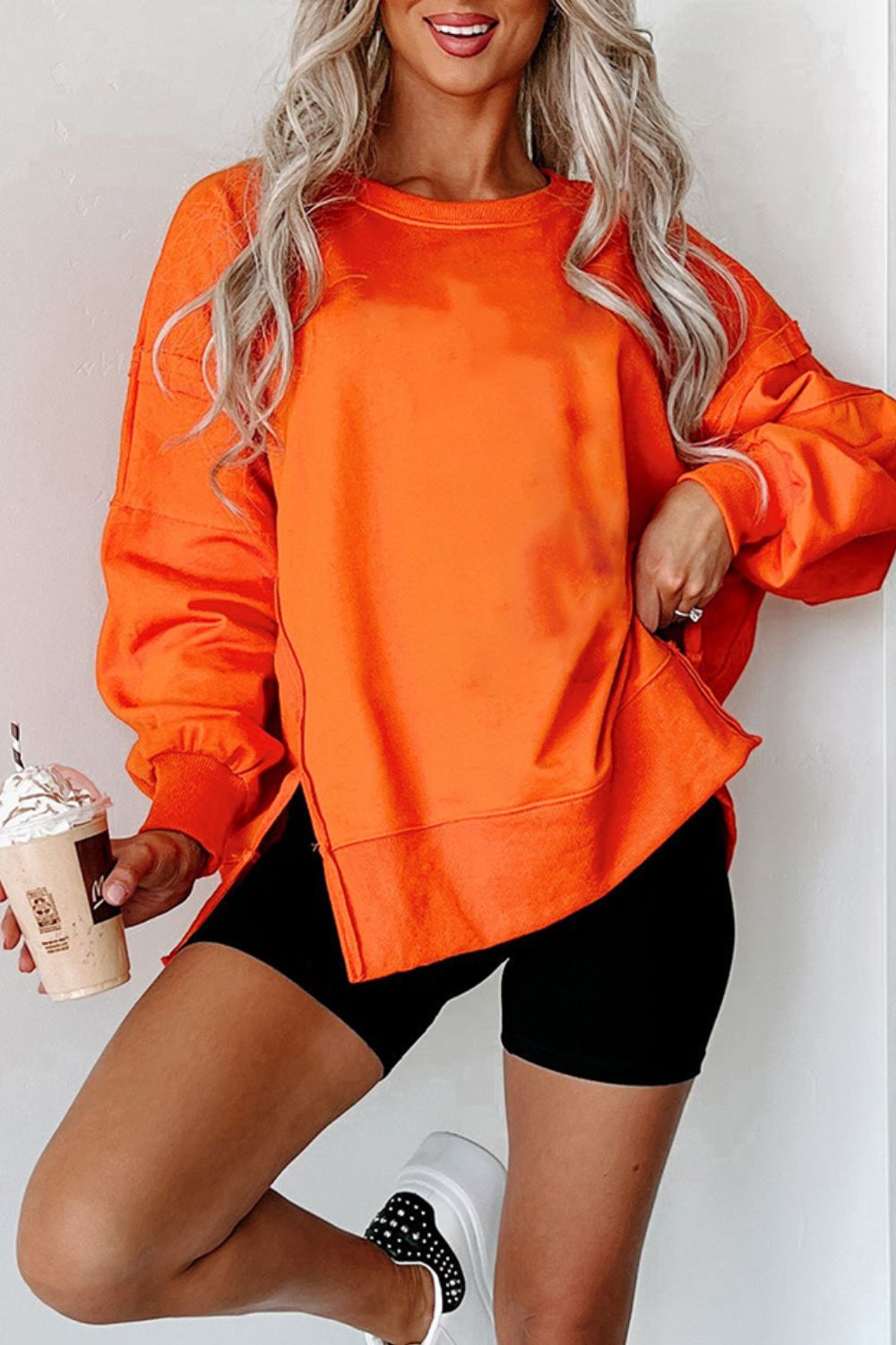 Side Slit Round Neck Long Sleeve Sweatshirt - Classique Collection