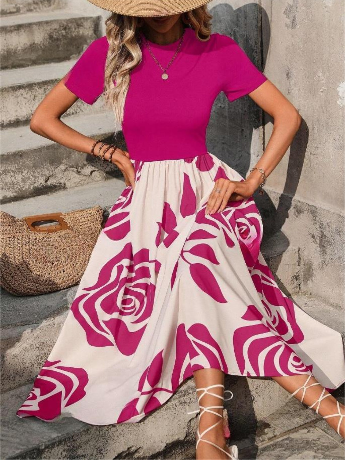 Rose Printed Round Neck Short Sleeve Dress - Classique Collection