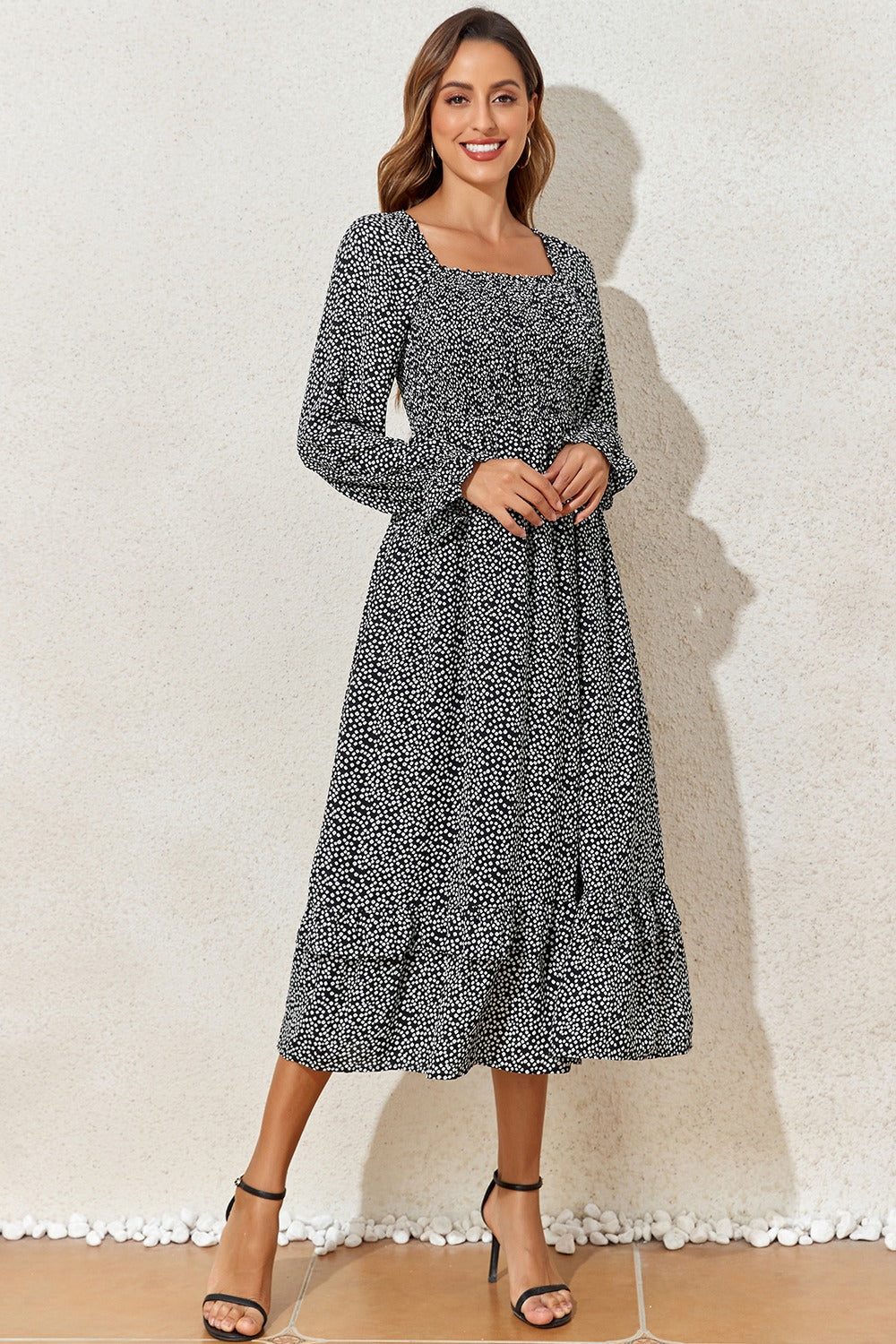 Printed Square Neck Long Sleeve Midi Dress - Classique Collection
