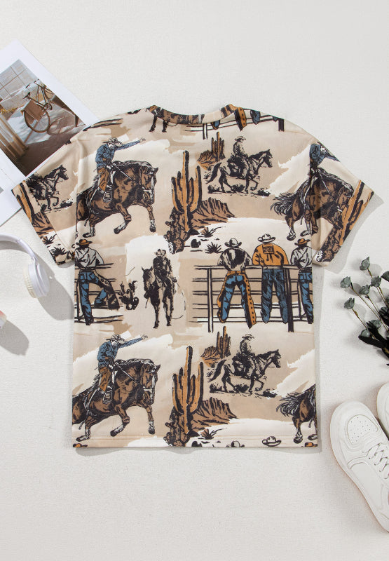 Cowboy Print Round Neck Short Sleeve T Shirt - Classique Collection