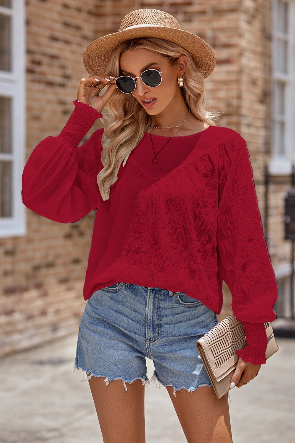 Ruched Round Neck Lantern Sleeve Blouse - Classique Collection