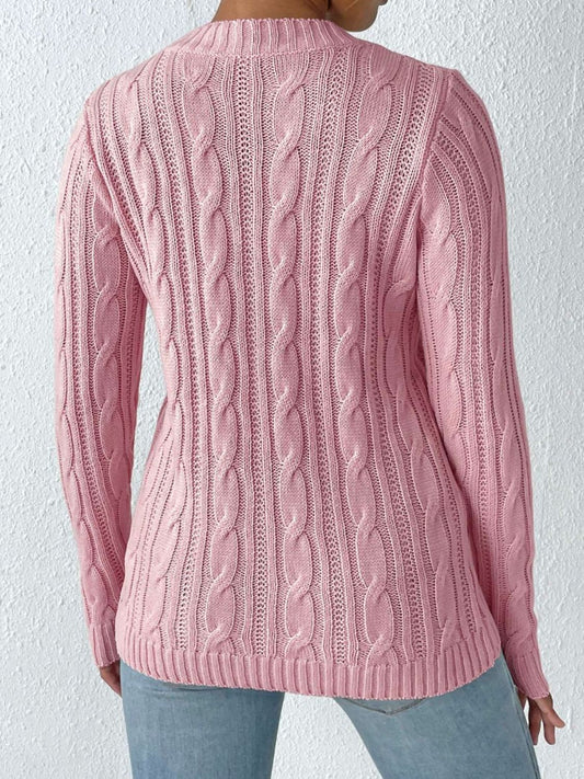 Cable-Knit Heart Round Neck Long Sleeve Sweater - ClassiQ