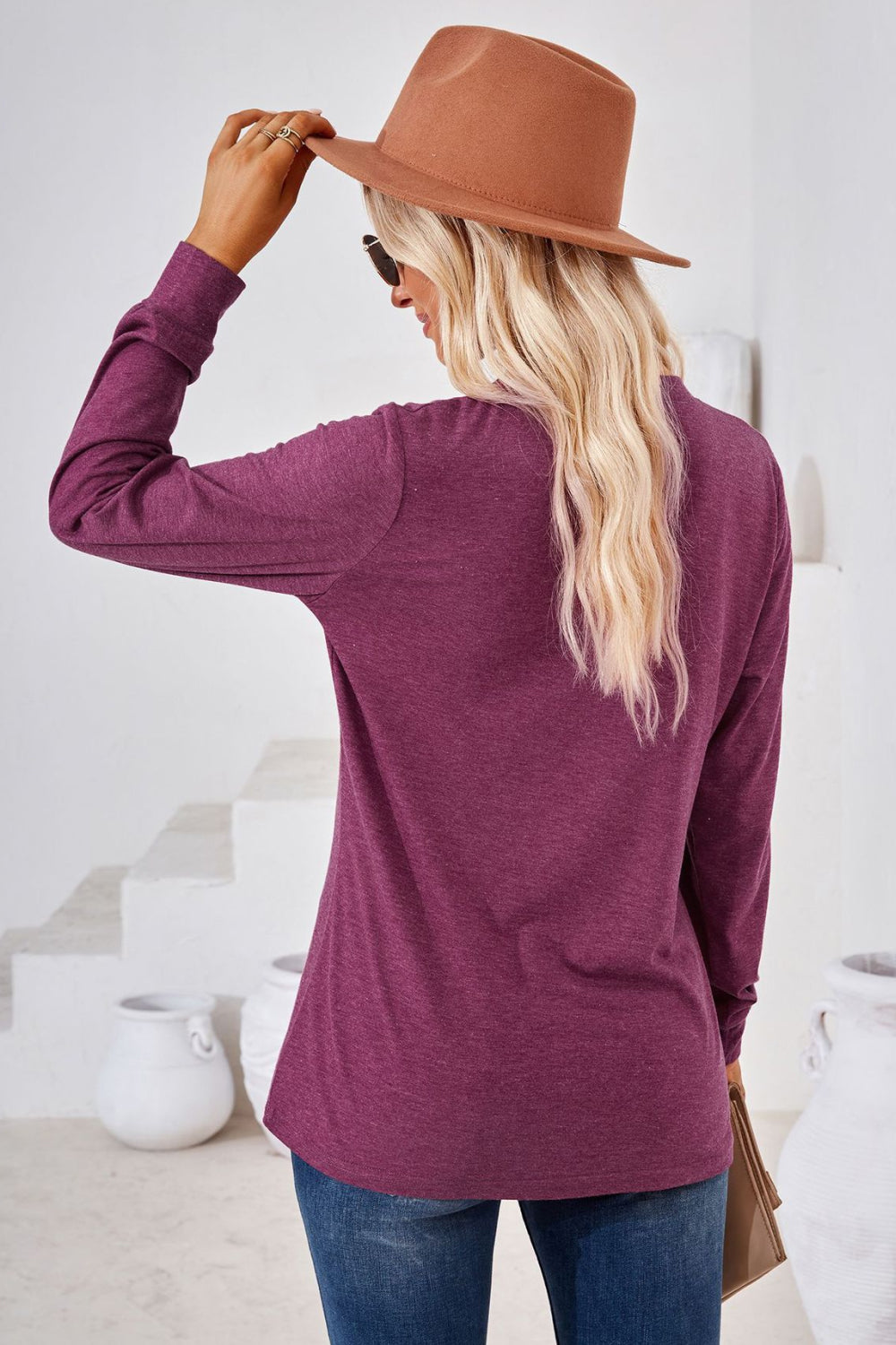 V-Neck Buttoned Long Sleeve Blouse - Classique Collection