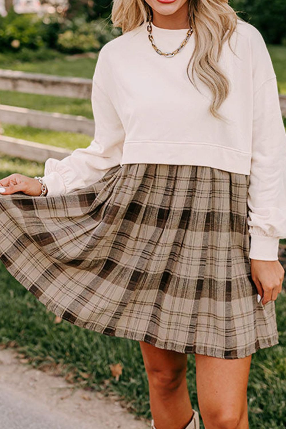 Plaid Round Neck Long Sleeve Mini Dress - Classique Collection