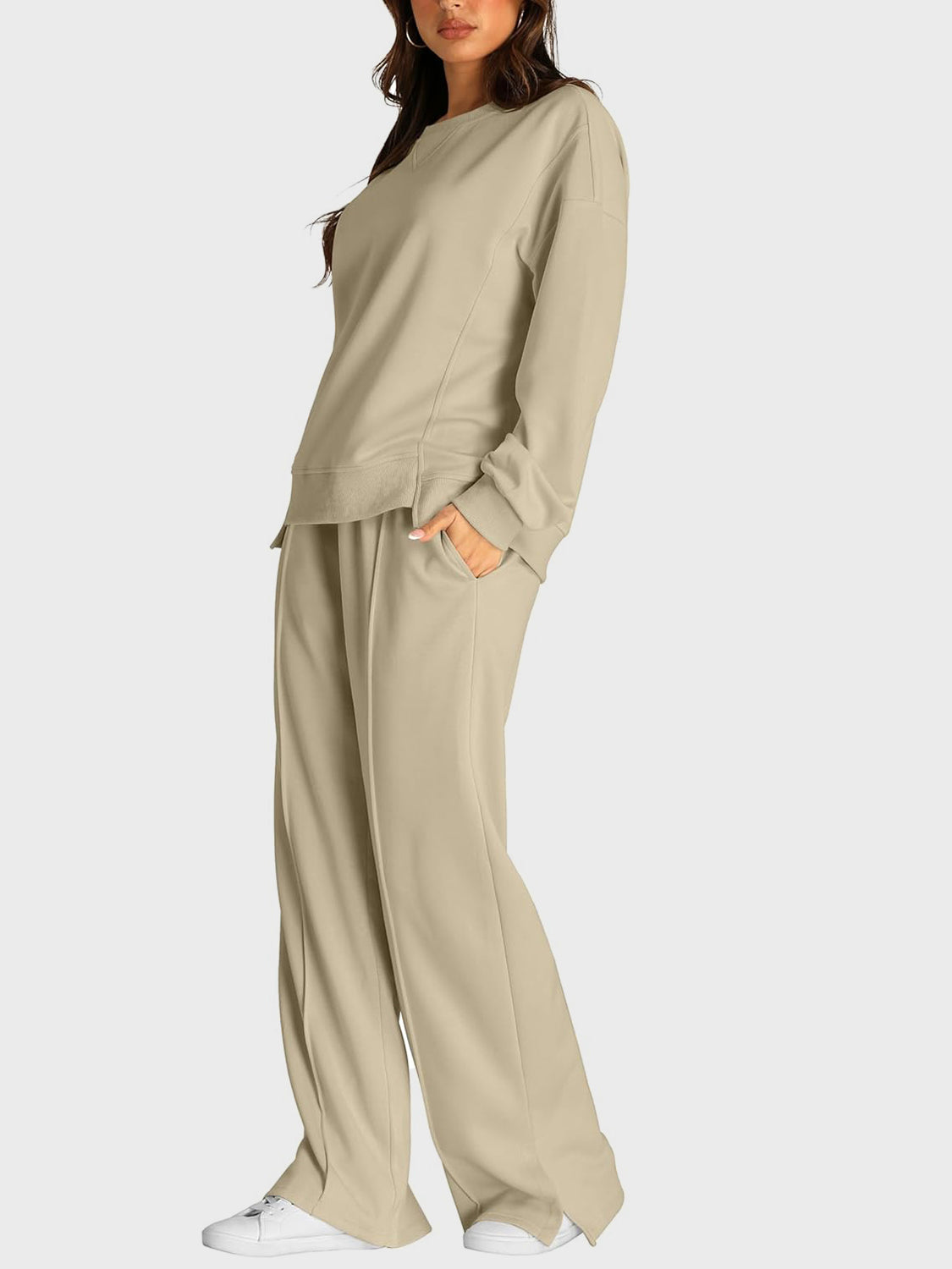 Round Neck Long Sleeve Top and Slit Pants Set - ClassiQ