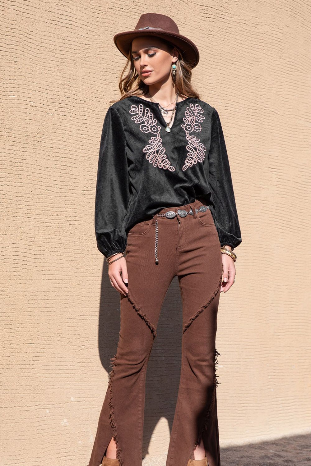 Notched Neck Long Sleeve Blouse - Classique Collection