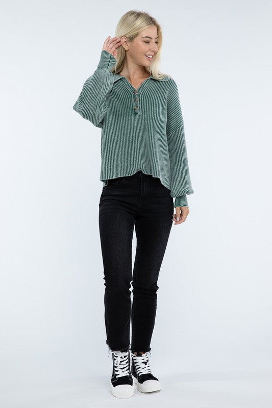 Washed Collared Henley Sweater - Classique Collection