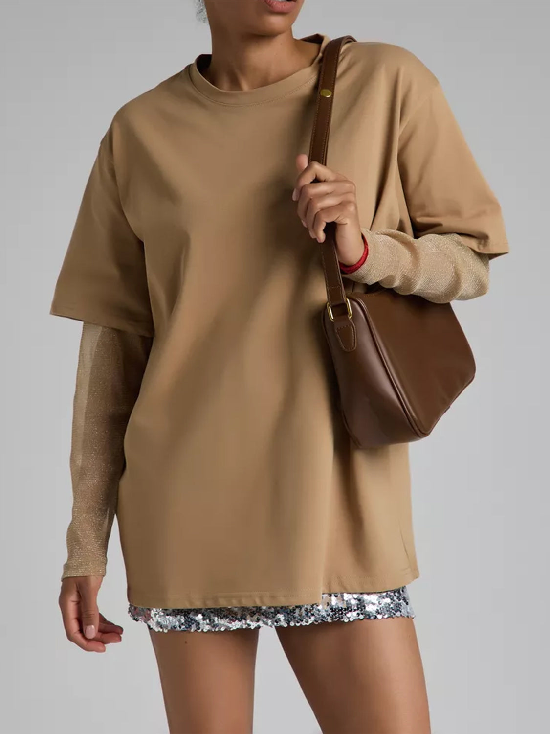 Faux Layered Round Neck Mesh Sleeve Top - Classique Collection