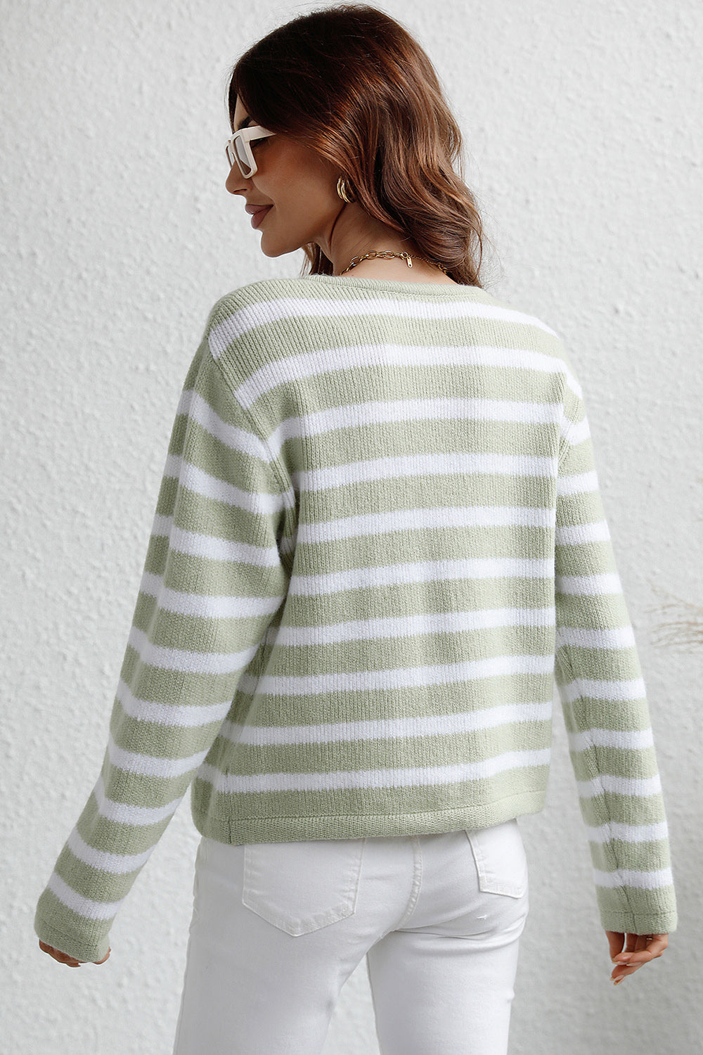 Striped Button Down Long Sleeve Cardigan - ClassiQ