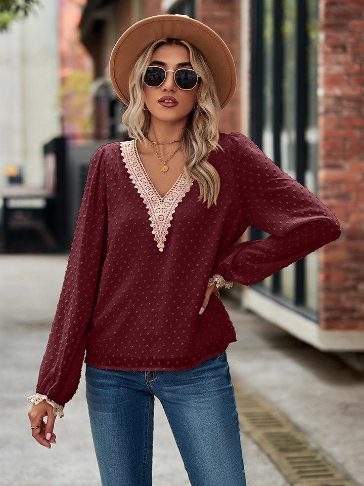 Swiss Dot V-Neck Long Sleeve Blouse - Classique Collection
