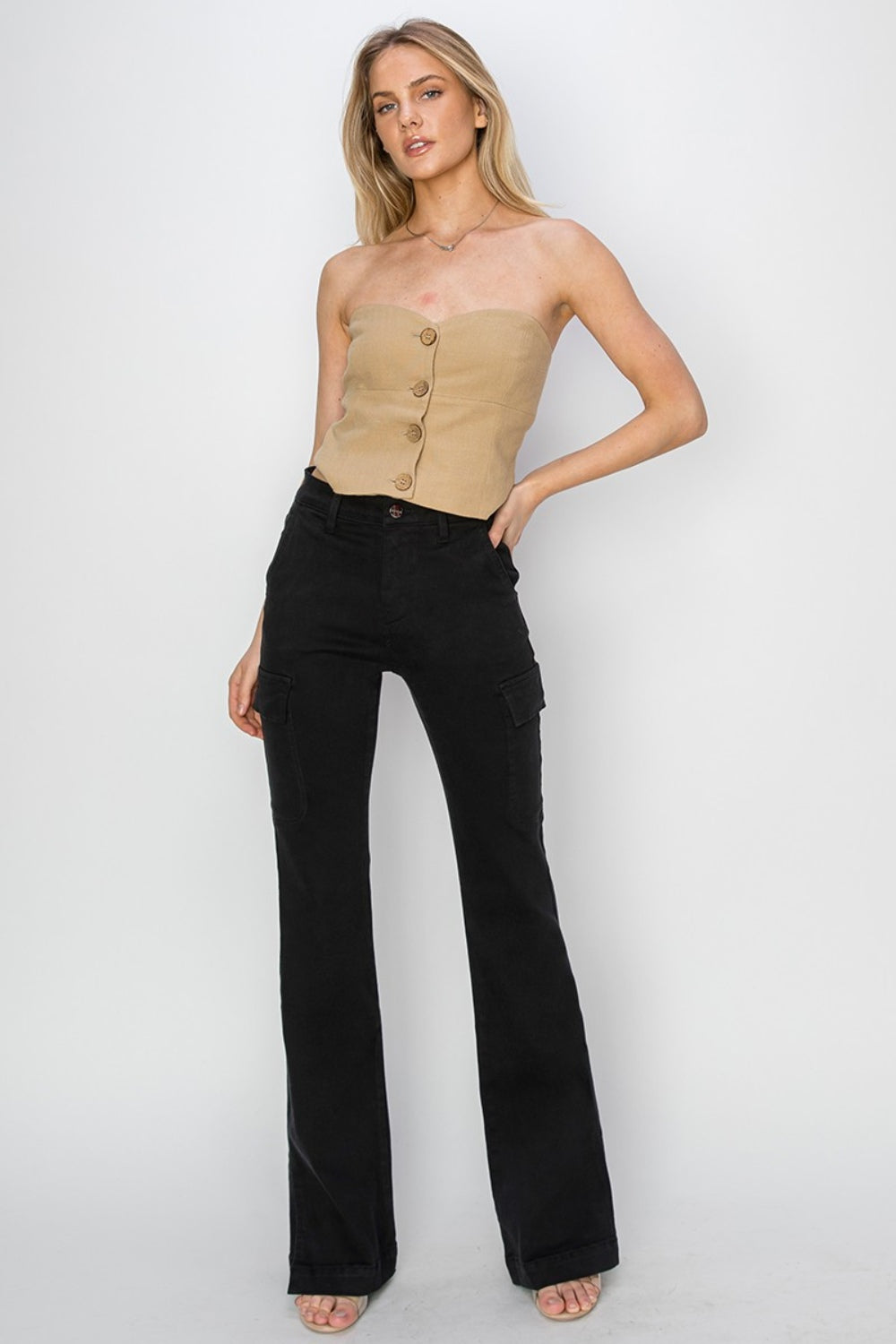 RISEN Full Size High Rise Side Slit Cargo Bootcut Jeans - Classique Collection