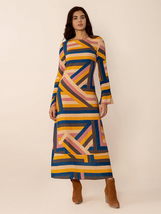 Contrast Round Neck Flare Sleeve Midi Dress - Classique Collection
