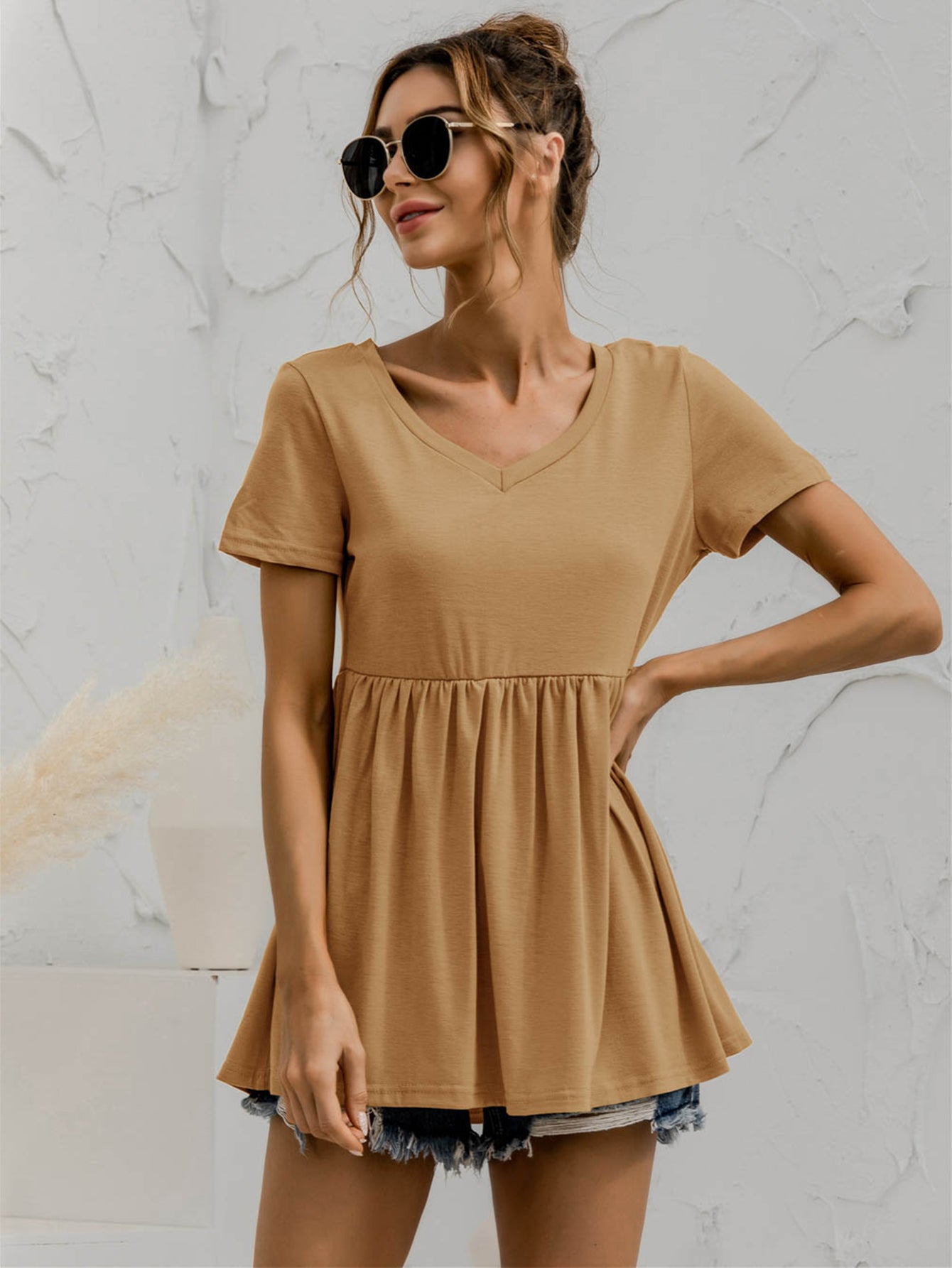 V-Neck Short Sleeve Babydoll Top - Classique Collection