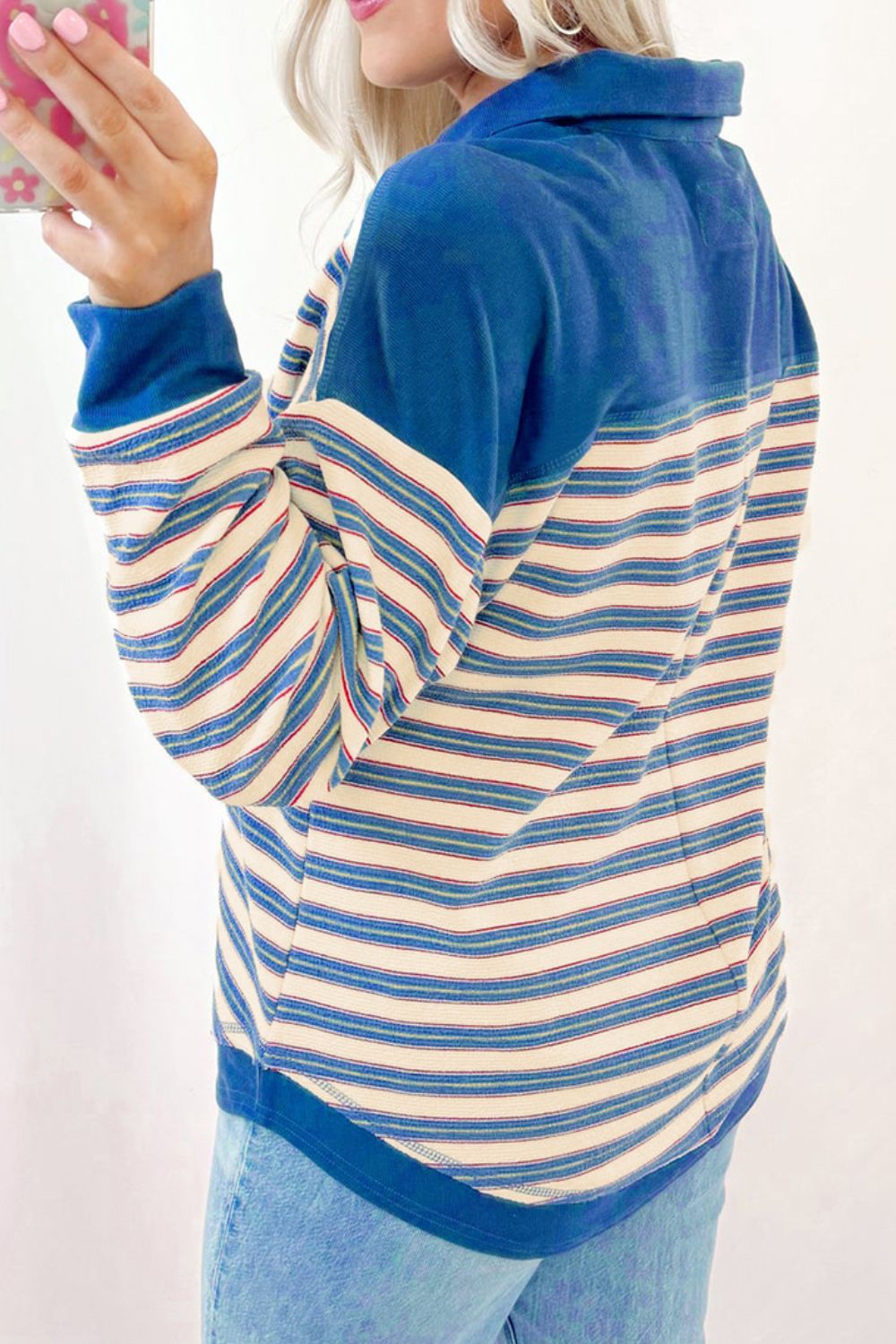 Striped Johnny Collar Long Sleeve Sweatshirt - Classique Collection