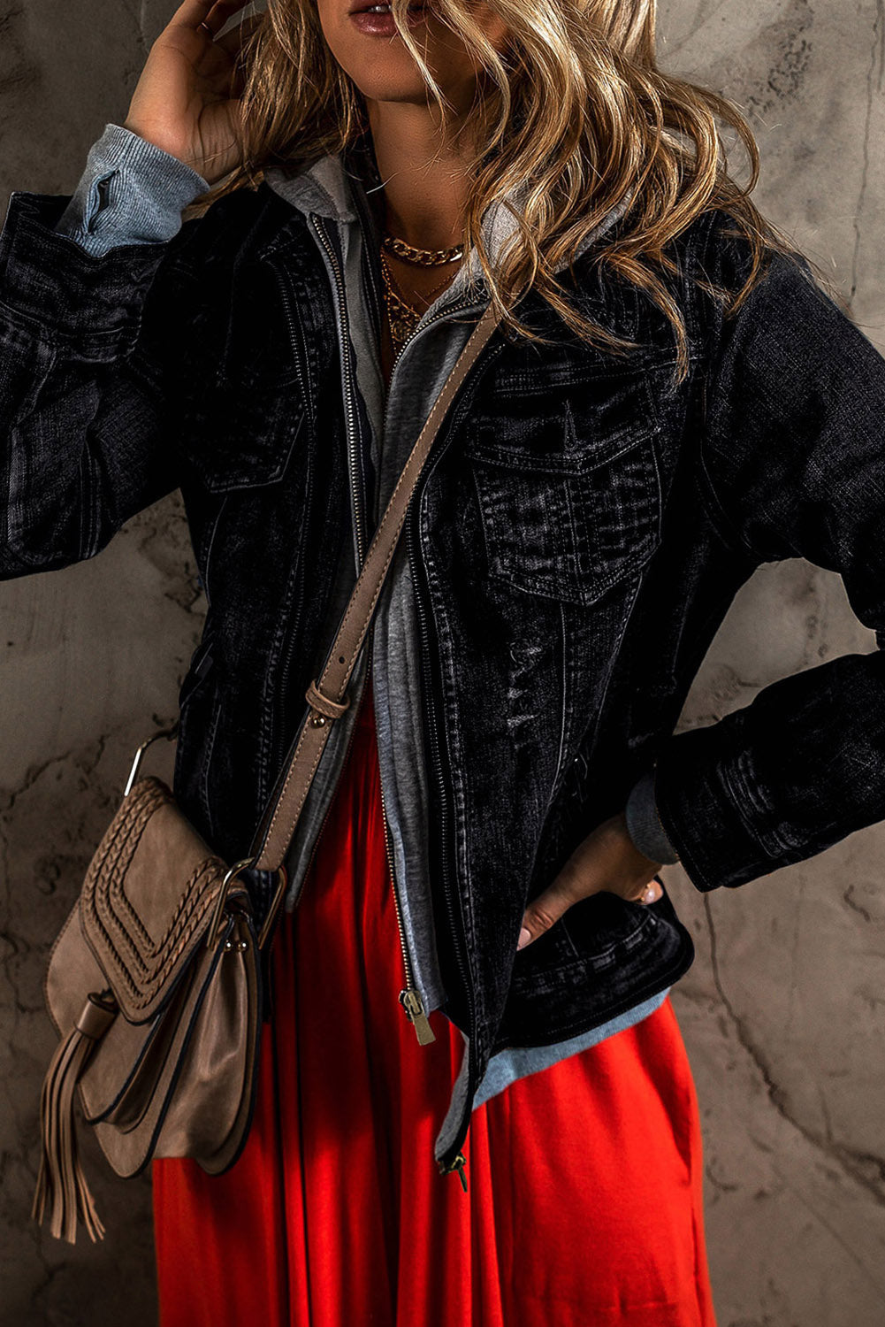 Fake Two-Piece Hooded Zip-Up Denim Jacket - Classique Collection