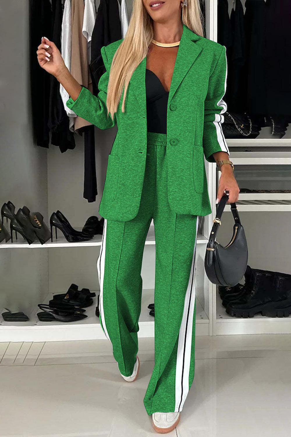 Full Size Contrast Lapel Collar Top and Pants Set - ClassiQ