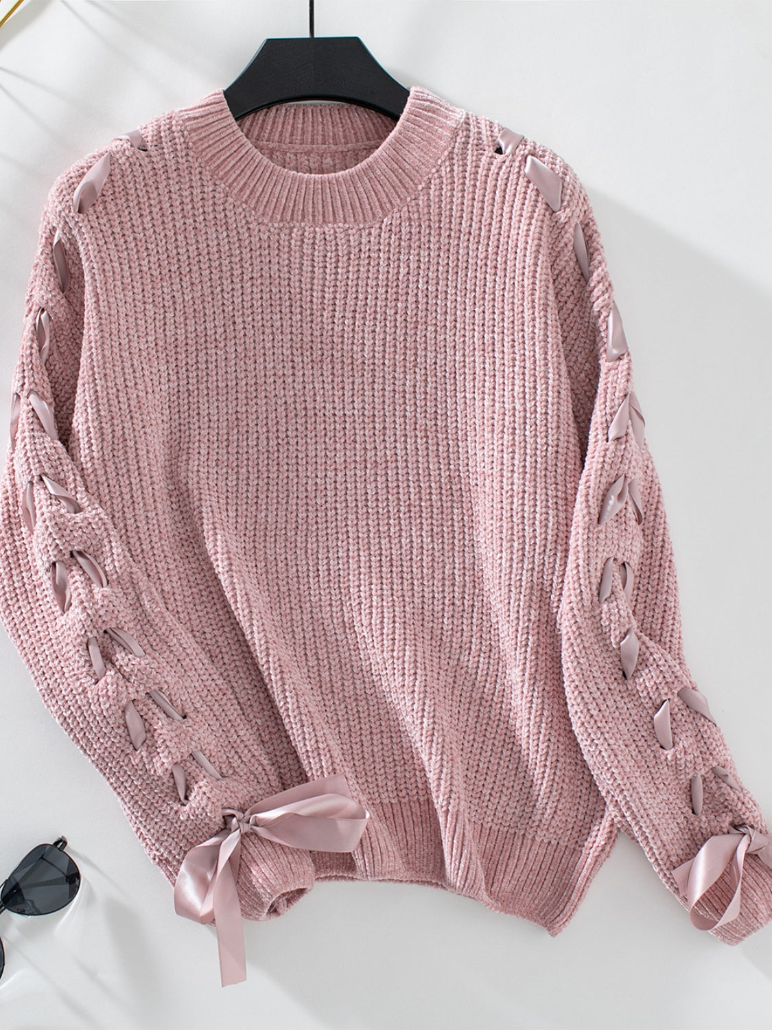 Lace Up Round Neck Long Sleeve Sweater - ClassiQ