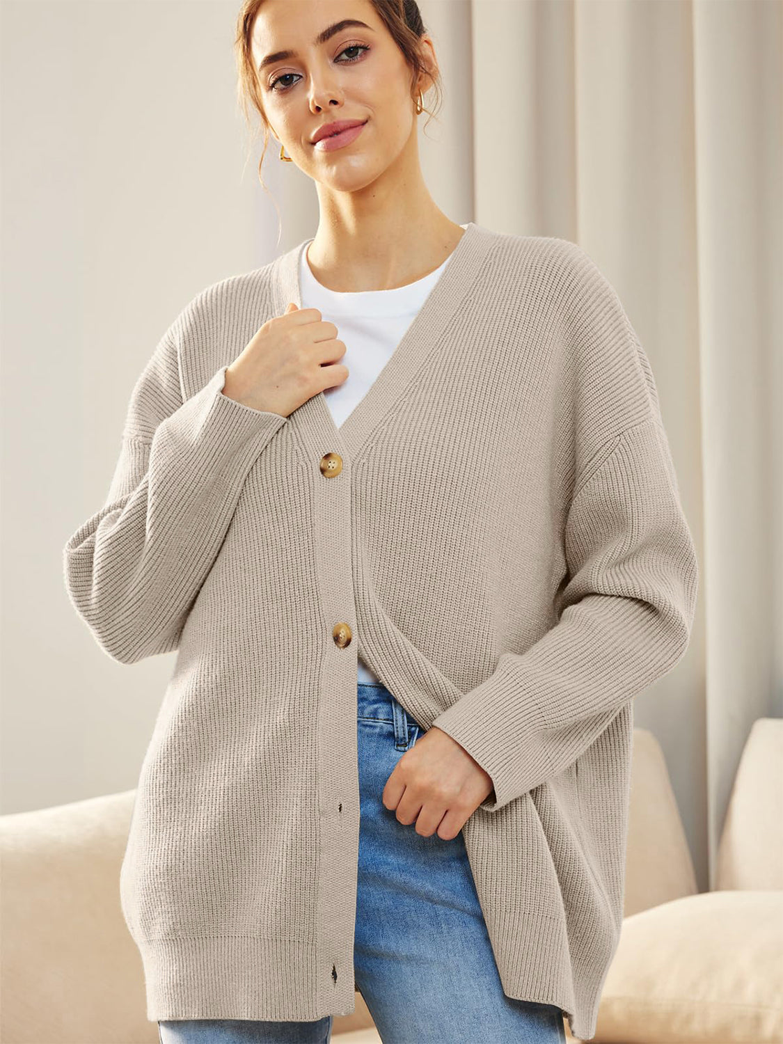 Button Down V-Neck Long Sleeve Cardigan - ClassiQ