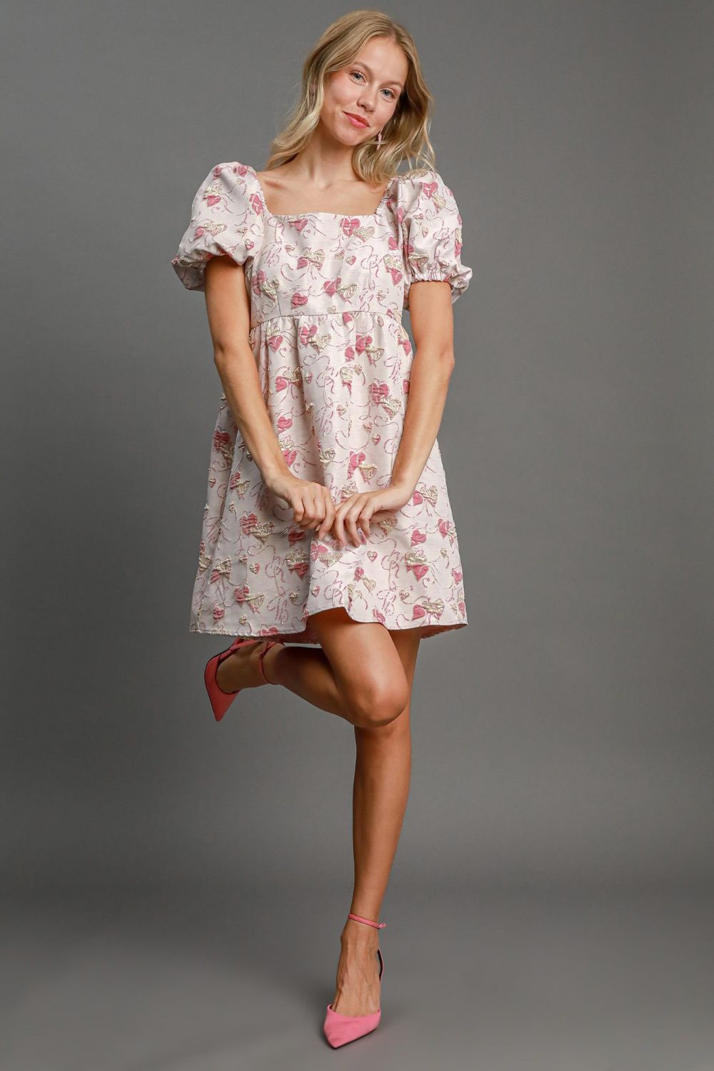 Umgee Heart Jacquard Square Neck Puff Sleeve Mini Dress - Classique Collection