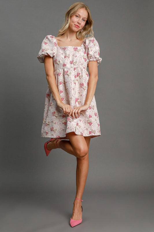 Umgee Heart Jacquard Square Neck Puff Sleeve Mini Dress - Classique Collection