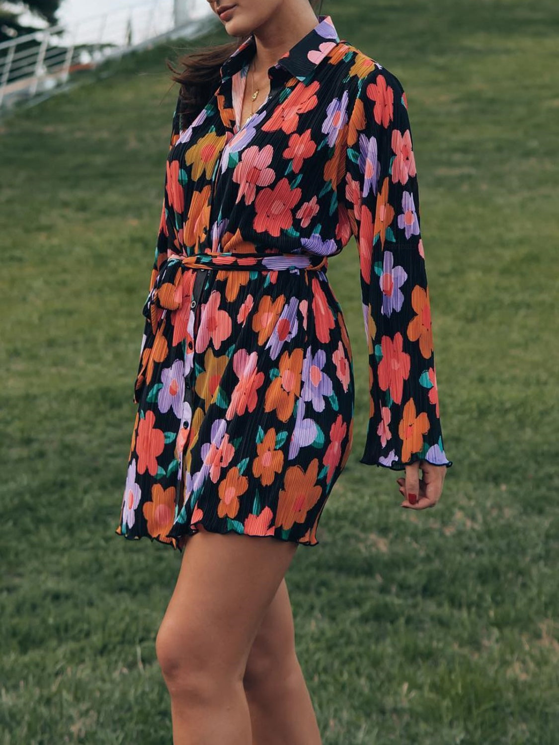 Tied Button Up Long Sleeve Dress - Classique Collection