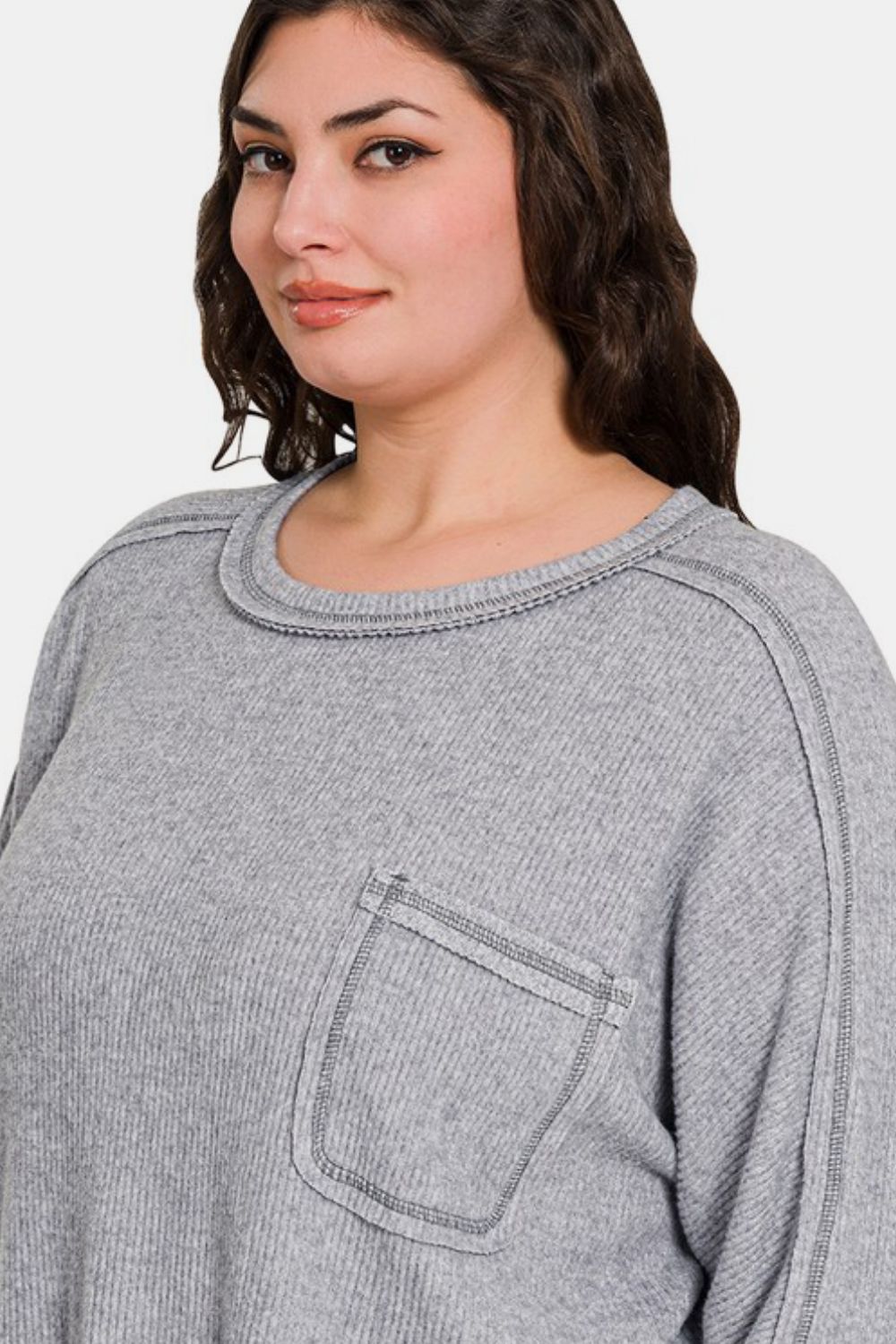 Zenana Full Size Contrast Stitching Brushed Ribbed Hacci Knit Top - Classique Collection