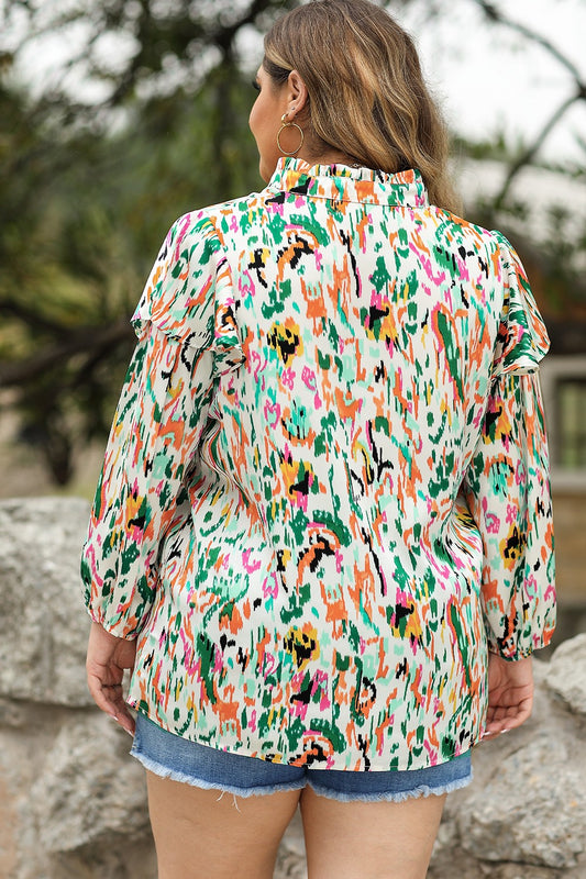 Plus Size Printed Ruffle Trim Long Sleeve Blouse - Classique Collection