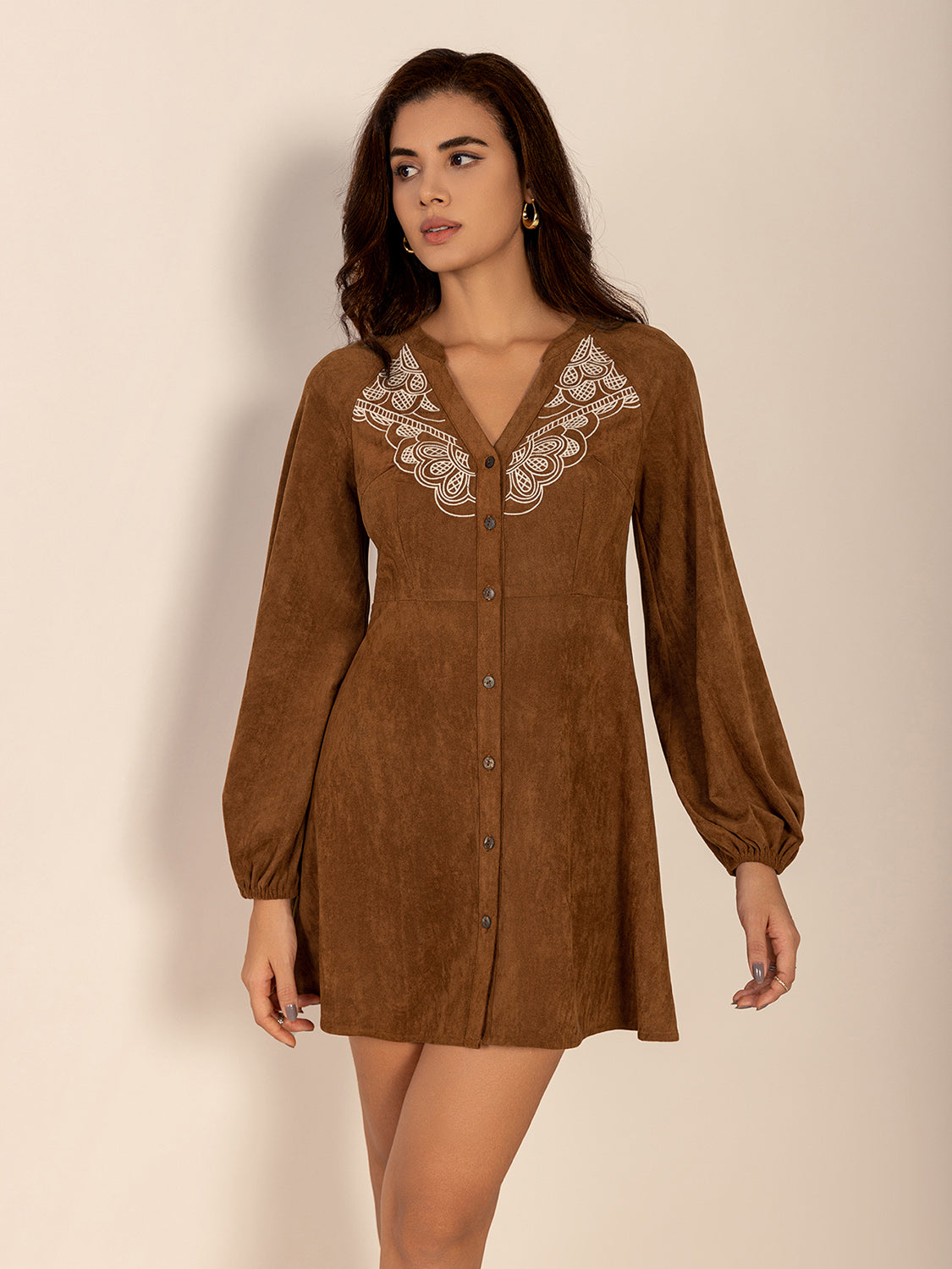 Notched Button Down Long Sleeve Mini Dress - Classique Collection